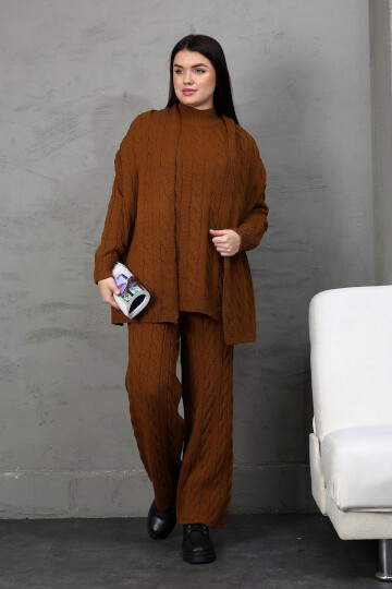 Tarçın Kahve Örgü Motifli Kazak Hırka Ve Pantolon 3 Lü Triko Takım BCES-252031