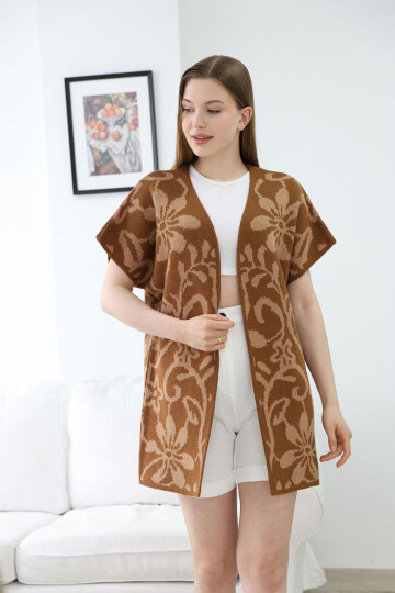 Tarçın Kahve Yarım Kol Desenli Triko Hırka BCES-252007