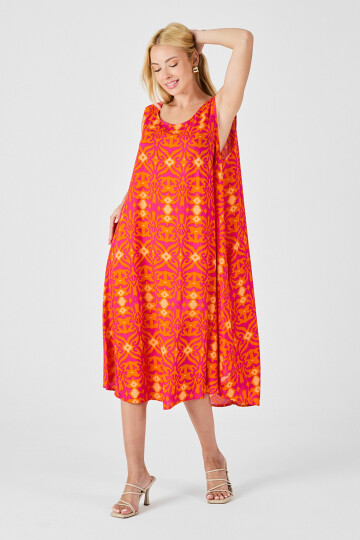 Turuncu Asimetrik Kesim U Yaka Desenli Elbise BCVL-254018