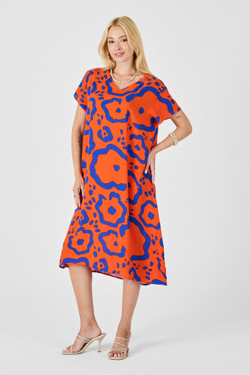 Turuncu Desenli Derin V Yaka Midi Boy Elbise BCVL-254008