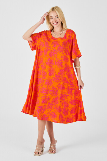Turuncu Geniş Yaka Desenli Midi Boy Elbise BCVL-254009