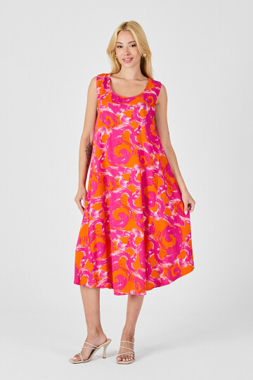 Turuncu U Yaka Kolsuz Asimetrik Kesim Midi Boy Elbise BCVL-254017