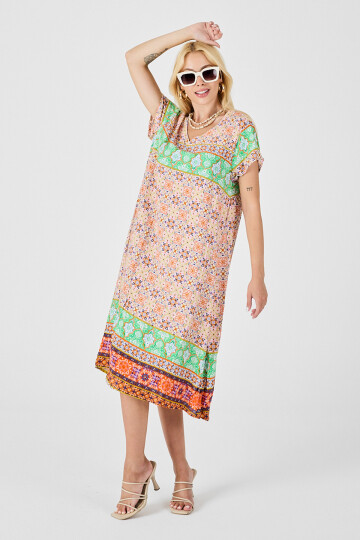 Turuncu-Yeşil Desenli V Yaka Midi Boy Elbise BCVL-254007