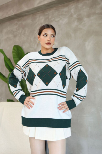 Yeşil Bisiklet Yaka Desenli Triko Kazak BCES-252015