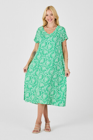 Yeşil Derin V Yaka Kısa Kollu Çizgi Desenli Midi Boy Elbise BCVL-254004