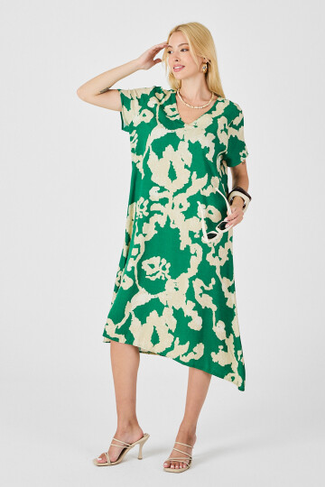 Yeşil Derin V Yaka Yırtmaçlı Desenli Midi Boy Elbise BCVL-254012