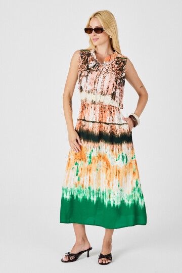 Yeşil-Krem Çentik Yaka Düğmeli Desenli Kolsuz Midi Elbise BCVL-254025