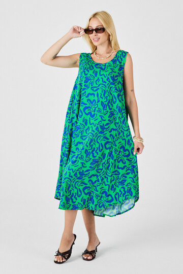 Yeşil Mavi U Yaka Kolsuz Eteği Asimetrik Kesim Desenli Midi Boy Elbise BCVL-254016