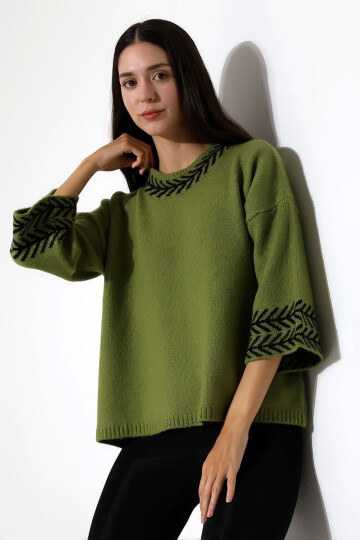 Zeytin Yeşili Bisiklet Yaka Desenli Triko Kazak BCES-252038