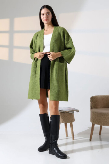 Zeytin Yeşili Çift Cepli Yarım Kol Uzun Boy Triko Hırka BCES-252019