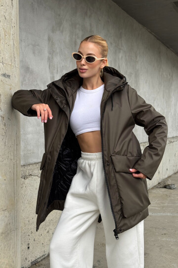 Acı Kahve Geniş Cepli Kapüşonlu Uzun Mont BCVL-254205