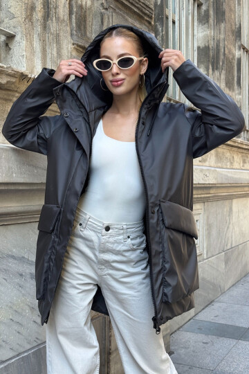 Antrasit Geniş Cepli Kapüşonlu Uzun Mont BCVL-254205