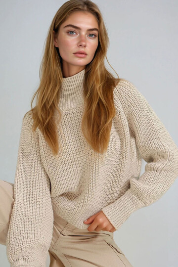 Bej Balıkçı Yaka Balon Kollu Selanik Örgü Kalın Kazak BCHESQ-251109