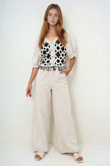 Bej Çift Cepli Gabardin Palazzo Pantolon BCHNW-251185