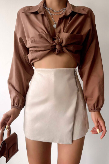 Bej Fermuar Detaylı Süet Şort Etek BC231014