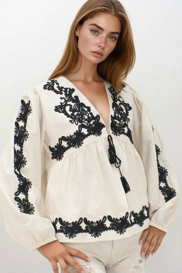 Bej Nakışlı Bağlama Detaylı Ham Keten Ceket BCHESQ-251142