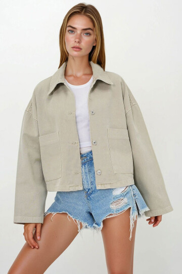 Bej Torba Cepli Çoban Dikişli Crop Jean Ceket BCHNW-251180