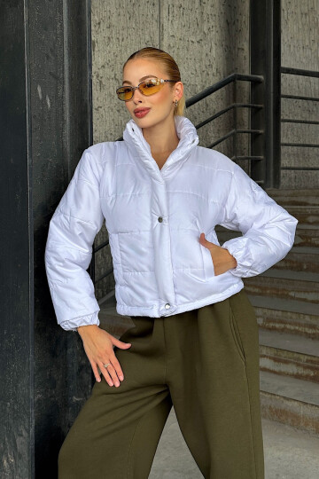 Beyaz Çift Cepli Kapitone Şişme Mont BCVL-25N1002