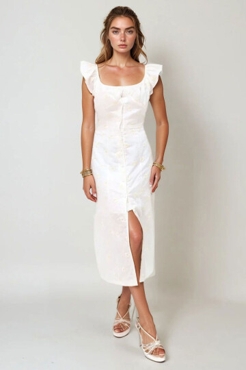 Beyaz Madonna Yaka Nakış İşlemeli İçi Astarlı Dokuma Elbise BCHESQ-251052