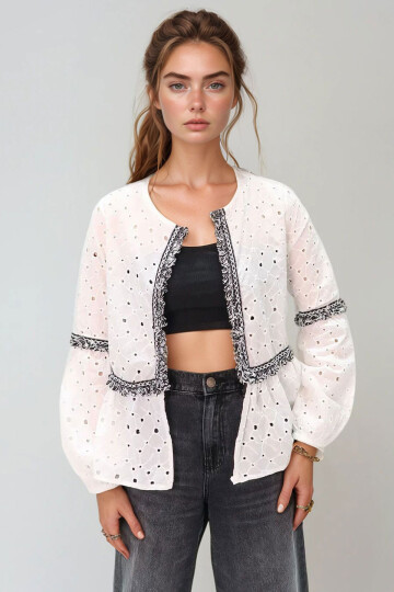 Beyaz Şerit Detaylı Fisto Dokuma Ceket BCHESQ-251053