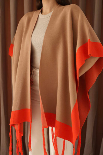 Bisküvi Püsküllü Renk Bloklu Kışlık Triko Şal BCES-253005