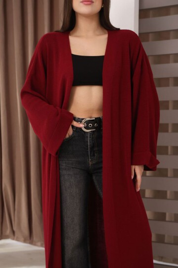 Bordo Duble Kol Oversize Uzun Salaş Triko Hırka