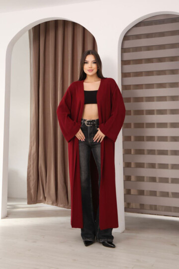 Bordo Duble Kol Oversize Uzun Salaş Triko Hırka BCES-253010