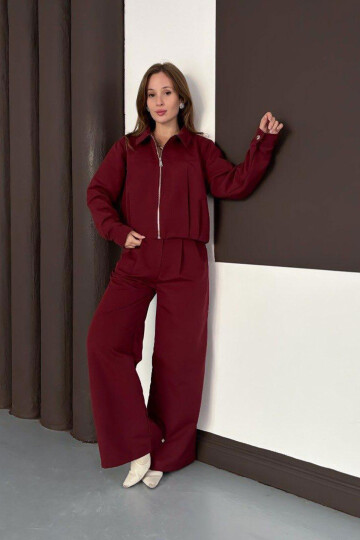 Bordo Fermuarlı Ceket Ve Pileli Pantolon Dokuma Alt Üst Takım BCHN-254003