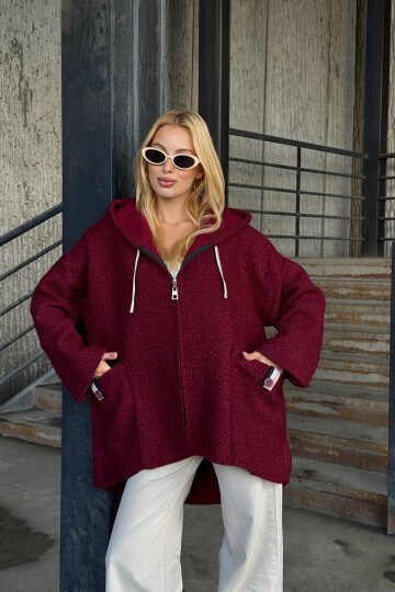 Bordo Kapüşonlu Çift Cepli Oversize Buklet Ceket Mont