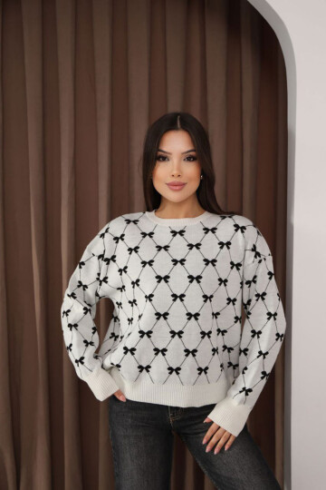 Ekru Bisiklet Yaka Fiyonklu Triko Kazak BCES-253012