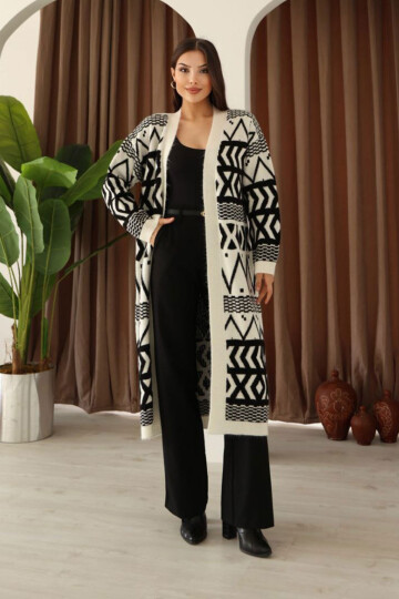 Ekru Desenli Saçaklı Uzun Boy Triko Hırka BCES-253001