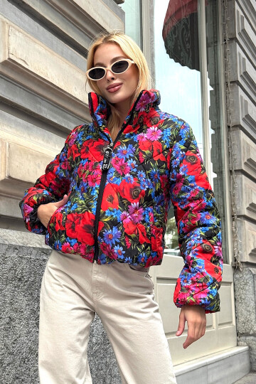 Fuşya Çiçek Desenli Cepli Şişme Mont BCVL-25N015