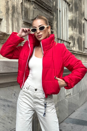 Fuşya Sırtı Taş İşlemeli Crop Şişme Mont BCVL-25N2005