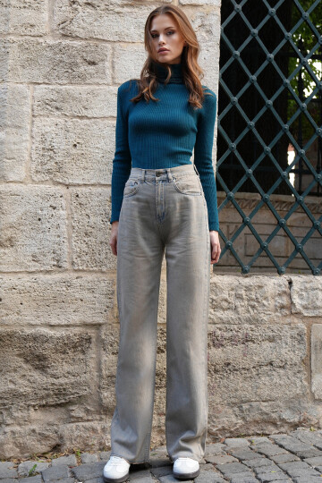 Gri 5 Cepli Eskitmeli Paçası Püsküllü Palazzo Jean BCHNW-251202