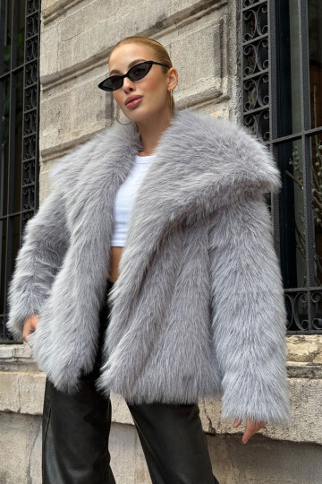 Gri Suni Kürk Premium Peluş Ceket BCVL-25V218