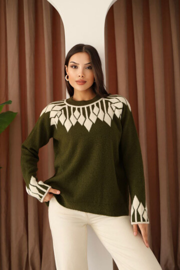 Haki Bisiklet Yaka Desenli Triko Kazak BCES-253003