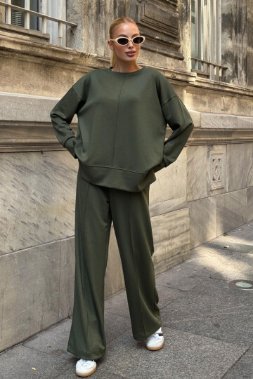 Haki Bisiklet Yaka Yırtmaç Detaylı Bluz Ve Rahat Kesim Pantolon Modal Alt Üst Takım BCVL-25V215