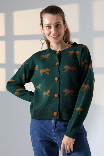 Haki Fiyonk Desenli Düğmeli Triko Hırka BCES-252044