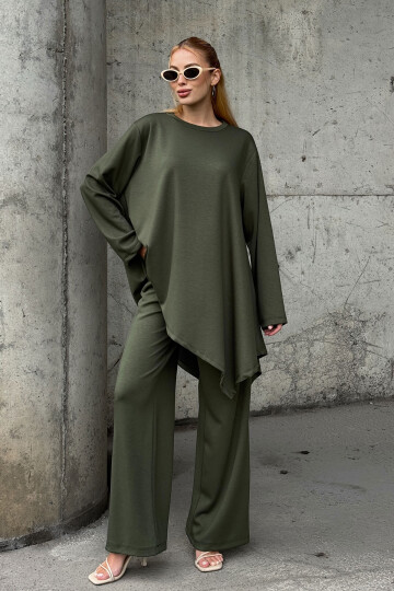Haki Rahat Kalıp Asimetrik Bluz Ve Pantolon Modal Kumaş Alt Üst Takım BCVL-25V231