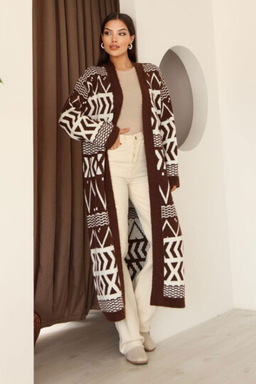 Kahverengi Desenli Saçaklı Uzun Boy Triko Hırka BCES-253001