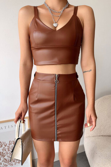 Kahverengi Fermuarlı Suni Deri Cepli Etek BCHN-2526768