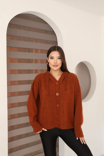 Kiremit Düğmeli Kapüşonlu Soft Touch Triko Hırka BCES-253009