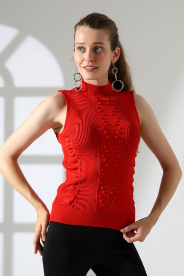 Kırmızı Dik Yaka Kolsuz Motifli Triko Bluz BCES-252001