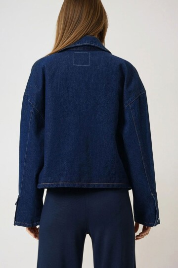 Koyu Mavi Çift Cepli Düğme Kapamalı Denim Ceket