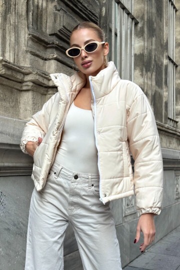 Krem Çift Cepli Kapitone Şişme Mont BCVL-25N1002