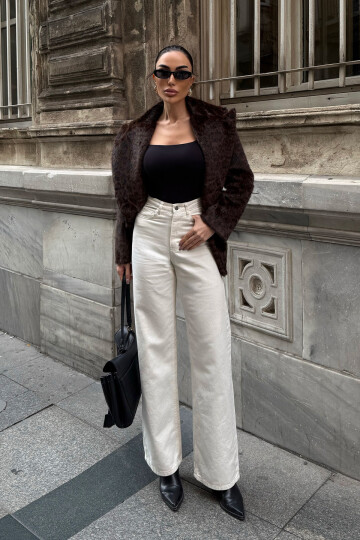 Krem Yüksek Bel İspanyol Paça Denim Pantolon BCDF-254000