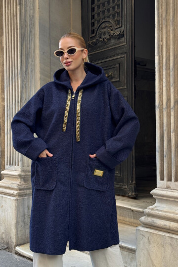 Lacivert Çift Cepli Kapüşonlu Uzun Kışlık Buklet Ceket BCVL-25V221