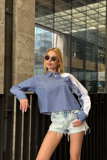 Lacivert Çizgili Kontrast Uzun Kollu Asimetrik Düğme Detaylı Crop Gömlek BCHPK-251209