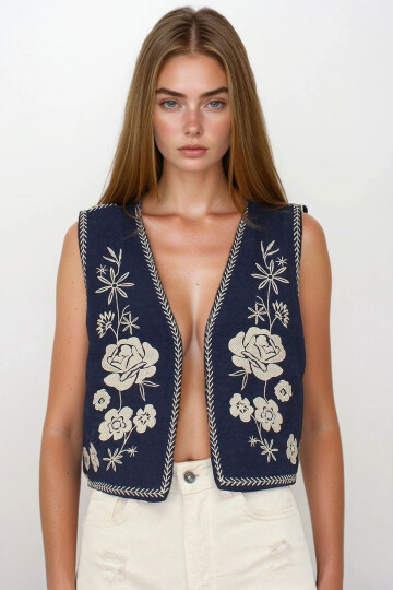 Lacivert Nakış Detaylı Astarlı Dokulu Crop Yelek BCHESQ-251145
