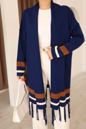 Lacivert Püsküllü Renk Bloklu Uzun Triko Hırka
